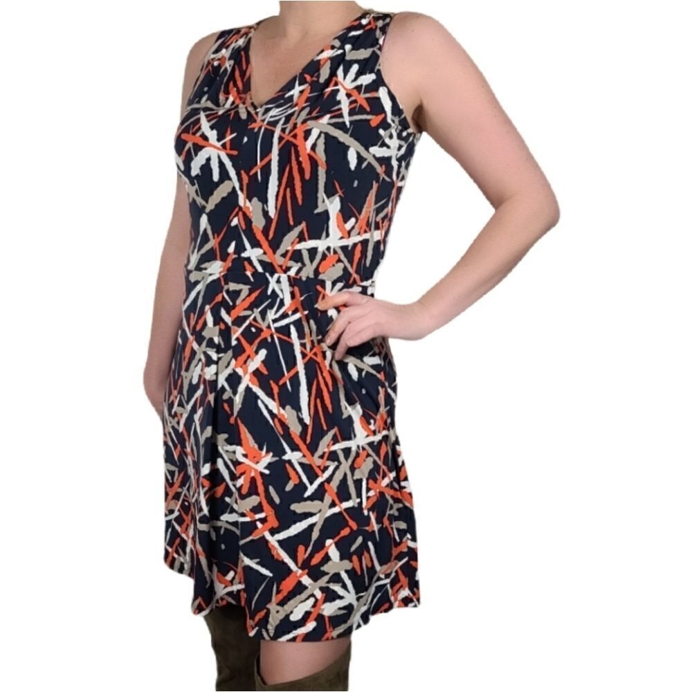 Michael Kors Black and Orange V Neck Midi Dress